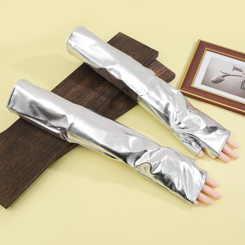 CALFOVERA Shiny Metallic PU Leather Fingerless Gloves Silver Long Half Palm Rock Stage Gloves Stretchy Gothic Punk Dress Up Arm Warmer Arm Sleeves for Women Girls Halloween Costume Party Cosplay - Image 3